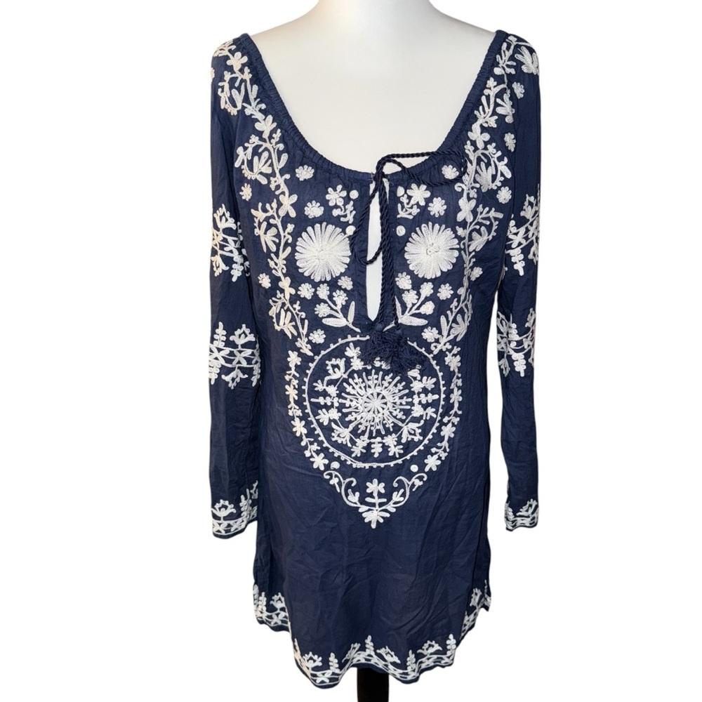 SEVYA 100% Cotton Blue white Hand Embroidered Tunic dress Pullover Sz Small